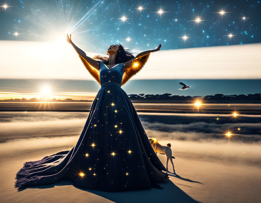 Woman in elegant blue gown with celestial design at sunrise with dog