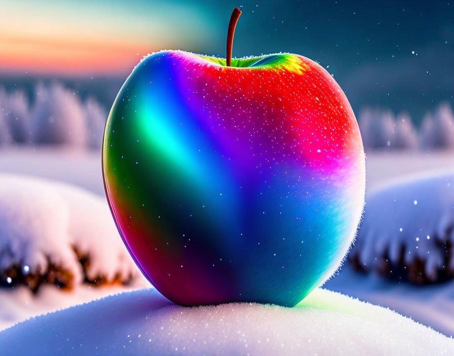 Colorful rainbow gradient apple on snowy ground under twilight sky with tree silhouettes.