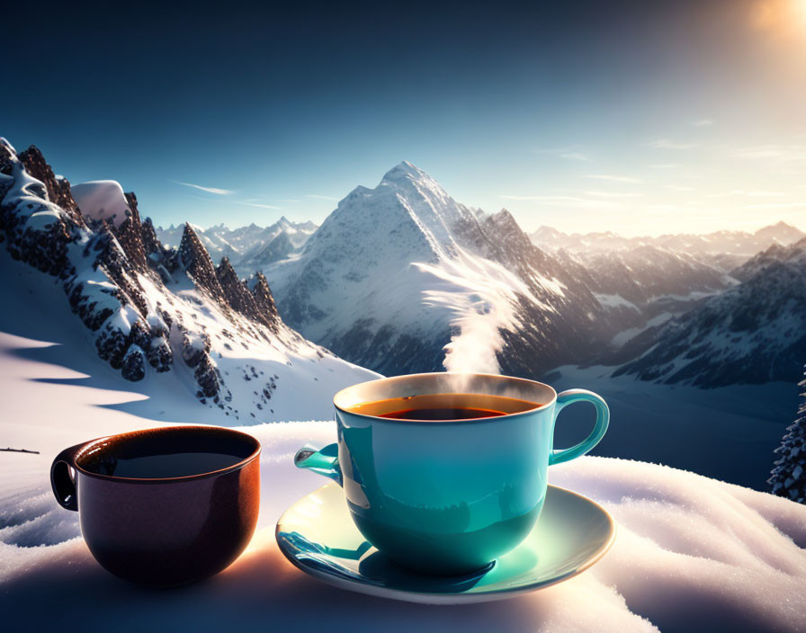 Steaming Cups of Hot Beverage on Snowy Mountain Backdrop