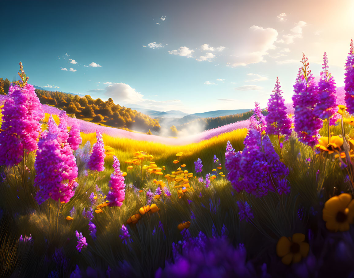 Scenic sunrise over vibrant meadow with purple and yellow flowers