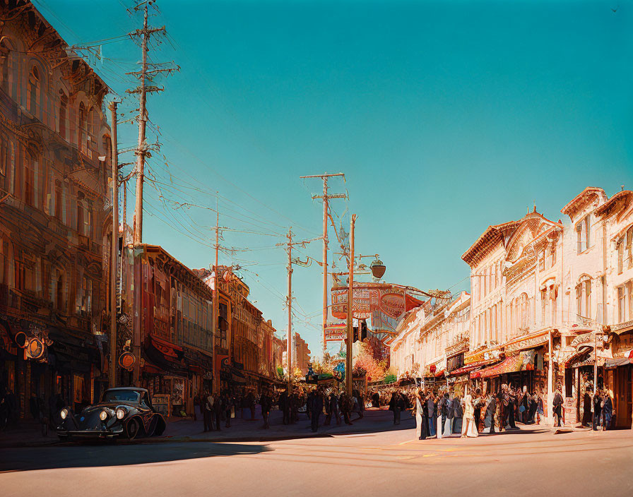 Vintage Street Scene with Classical Architecture and Pedestrians