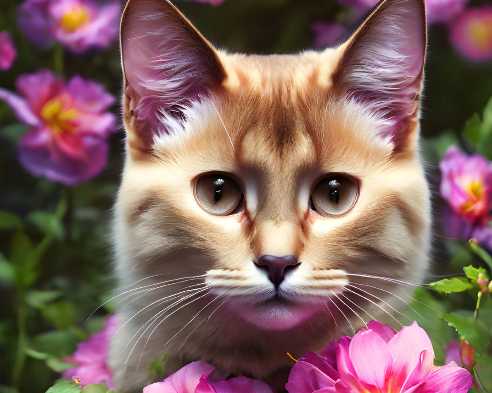 Orange and White Cat with Striking Eyes Among Vibrant Pink Flowers