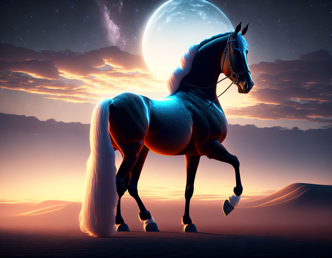 Majestic horse in desert twilight with glowing moon