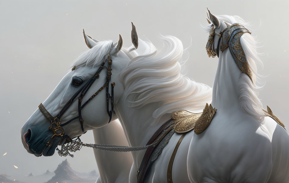 Majestic white horses with ornate bridles in misty mountainous setting