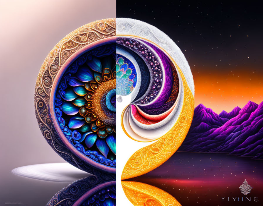 Colorful Cosmic Digital Artwork with Circular Patterns and Mountain Background