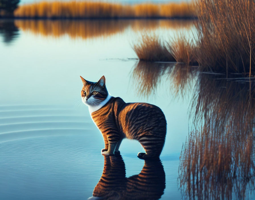 Cat by Calm Lake Reflecting in Dusk with Golden Reeds