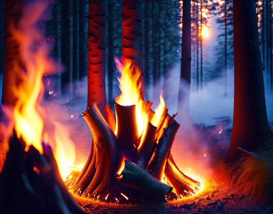 Cozy Campfire Among Pine Trees at Dusk