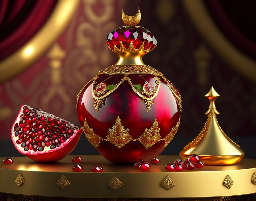 Luxurious red and gold perfume bottle with pomegranate slices and seeds on golden surface.