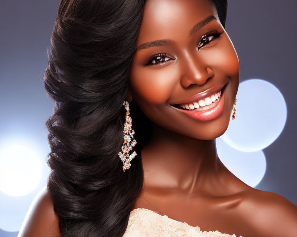 Elegant woman with radiant smile and wavy hairstyle in soft-lit setting