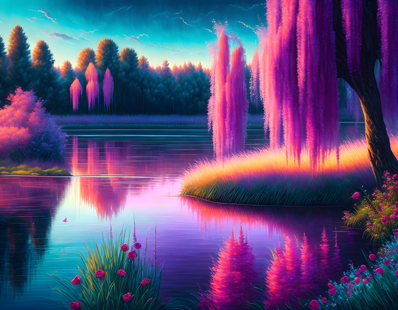 Fantastical landscape with purple foliage, serene lake, and electric blue sky