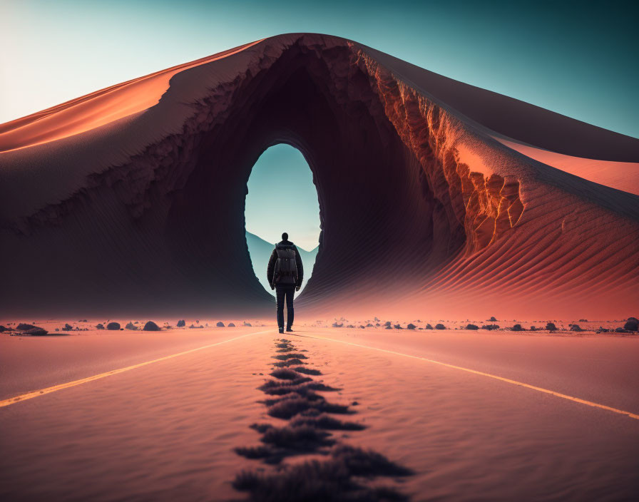 Person walking towards arched dune at sunset with warm light and shadows