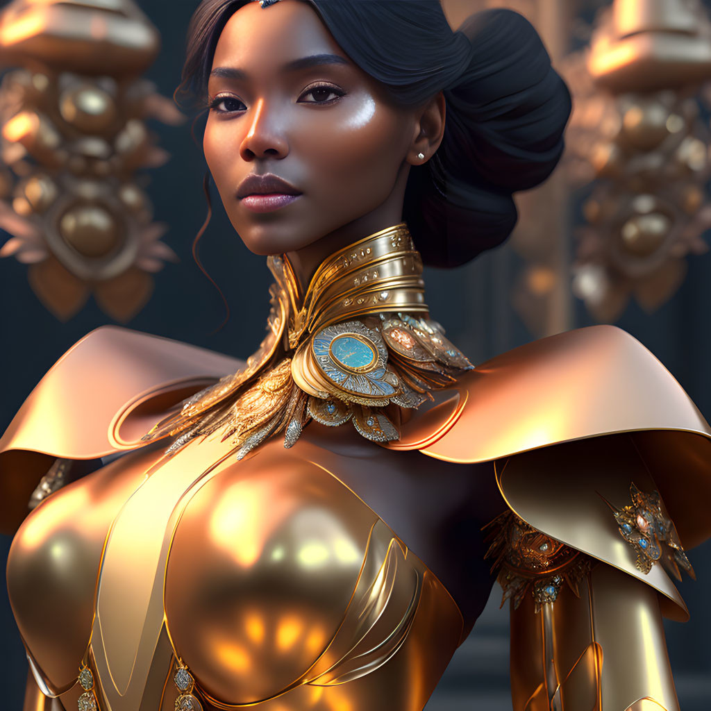 Elaborate Golden Outfit and Jewelry on Woman in 3D Illustration