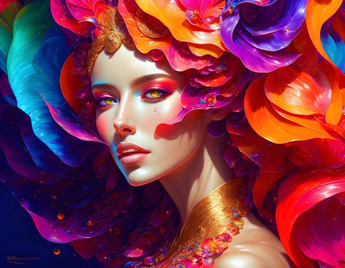 Colorful Woman Illustration with Flowing Hair and Flowers in Red, Blue, and Gold