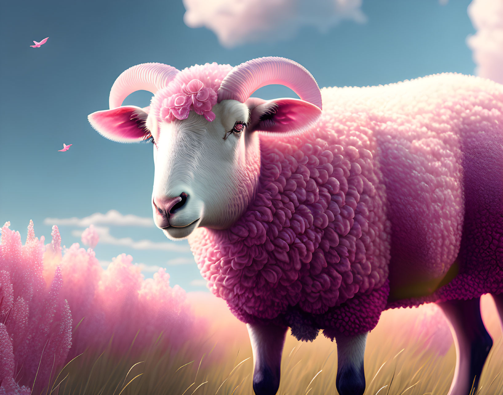 Pink sheep with flower and pendant in whimsical field under pastel sky