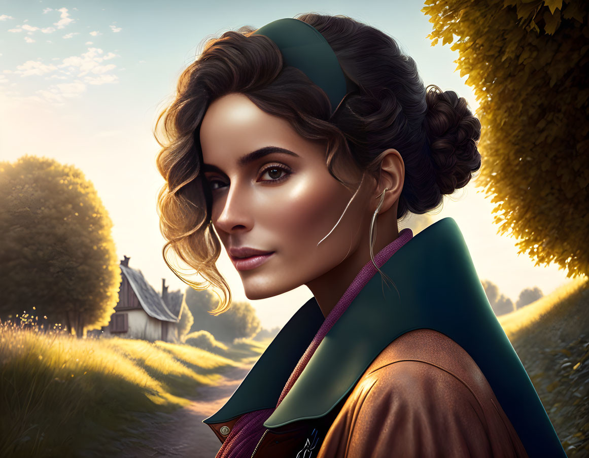 Woman with styled hair and cloak in rural landscape at golden hour