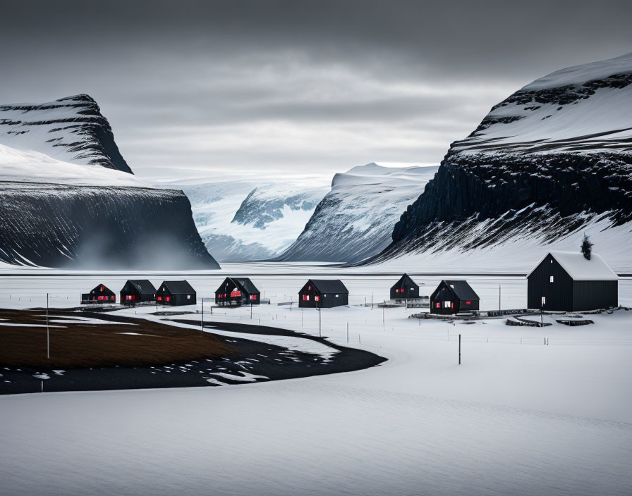 Snow-covered hills with red-roofed houses and church under grey sky