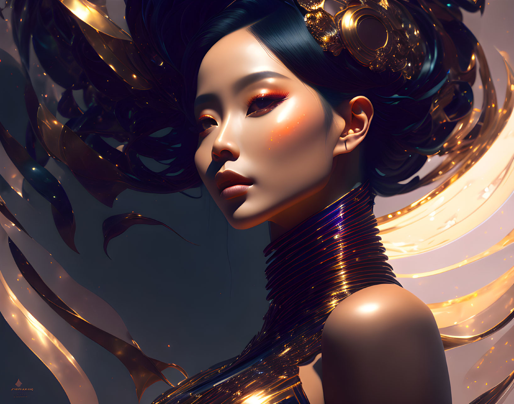 Digital artwork: Asian woman with golden adornments, striking makeup, and futuristic attire.