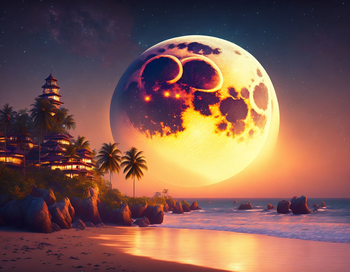 Surreal moon and lighthouse on tropical beach at dusk