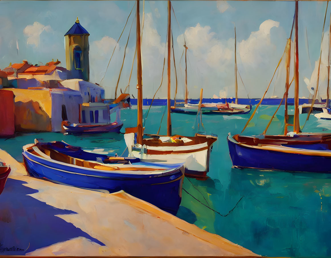 Sailboats in serene harbor painting with bell tower and blue waters