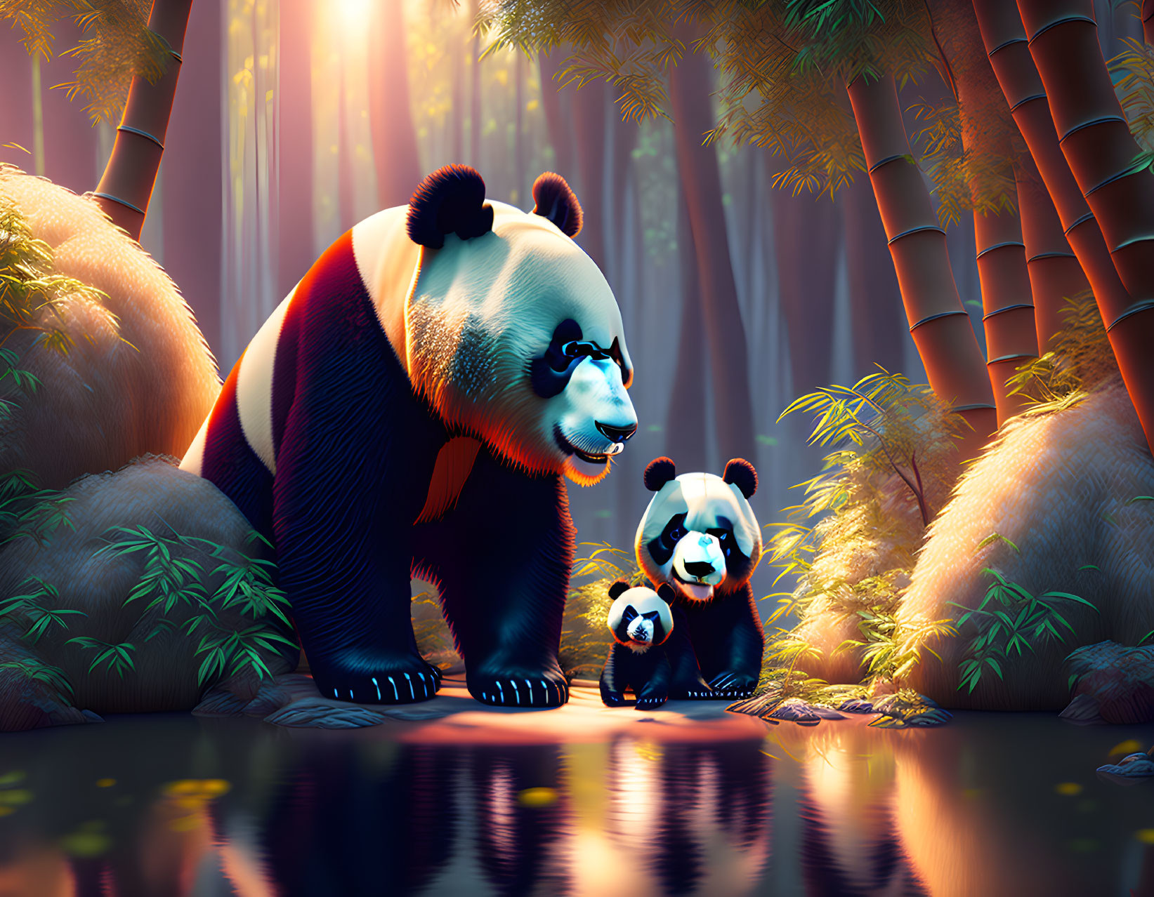 Illustrated panda family in bamboo forest under warm sunlight