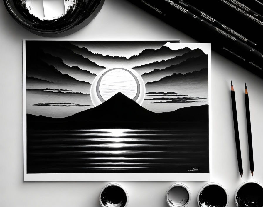 Monochrome mountain landscape with reflective water and radiant sun in art supplies setting