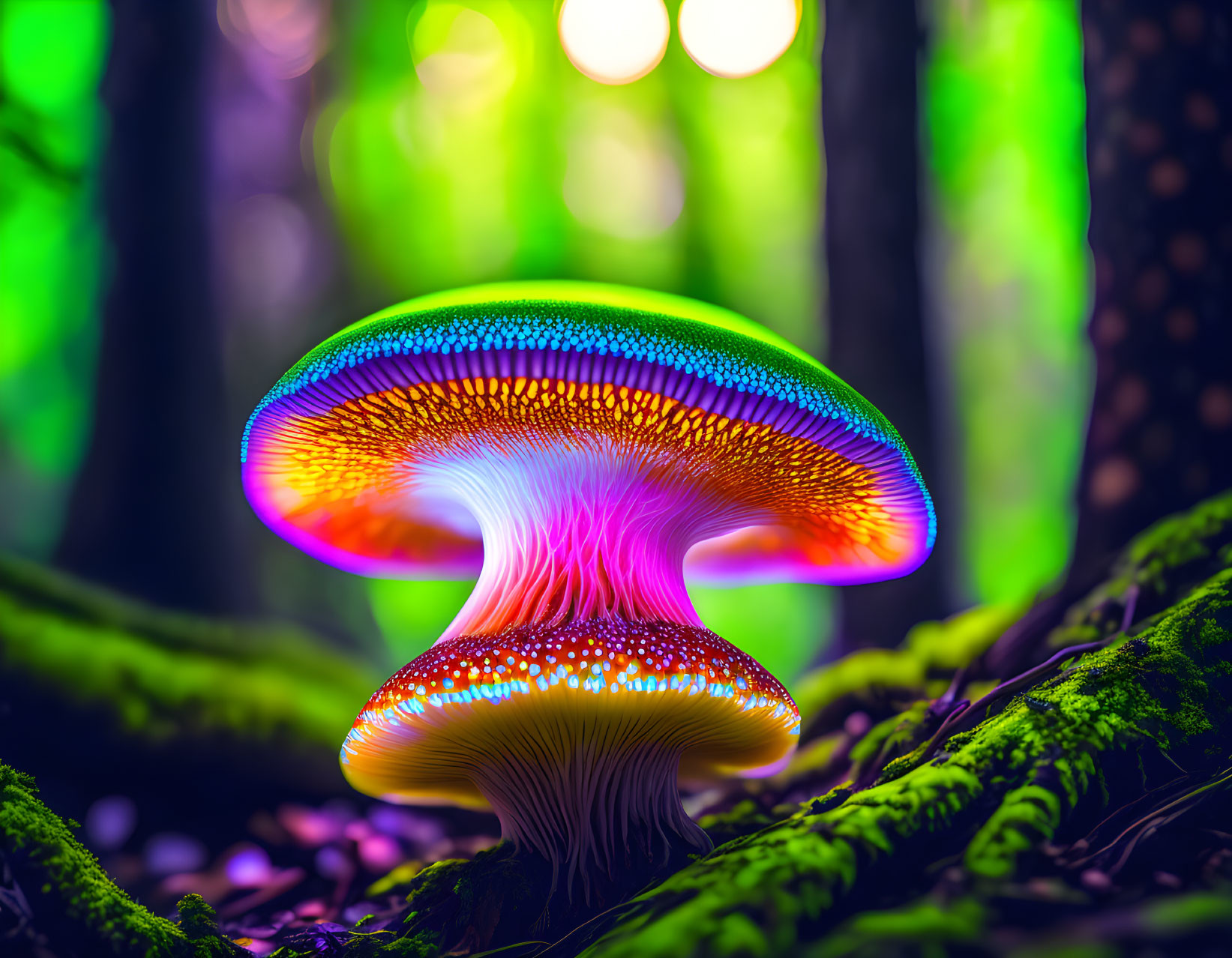 Colorful Luminescent Mushroom in Mystical Forest Setting