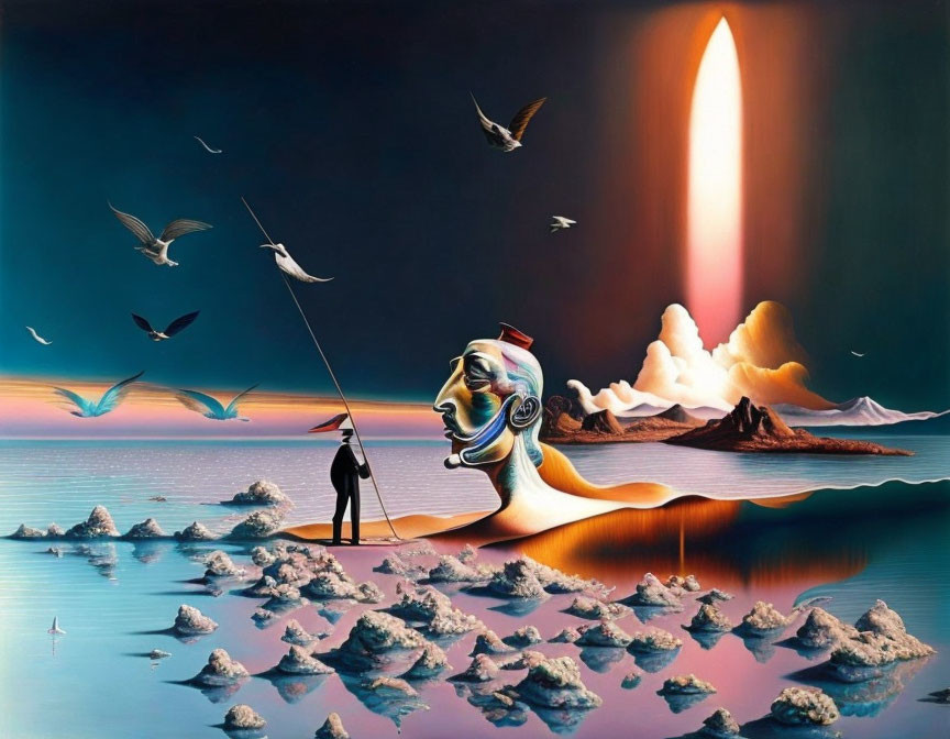 Surreal painting: fisherman casting line on face-shaped lake with rocket launch