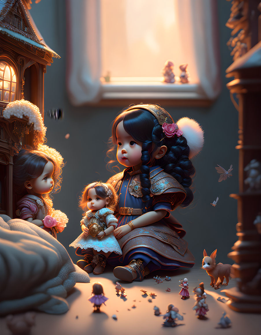 Stylized illustration of girl with toys and squirrel in magical glow