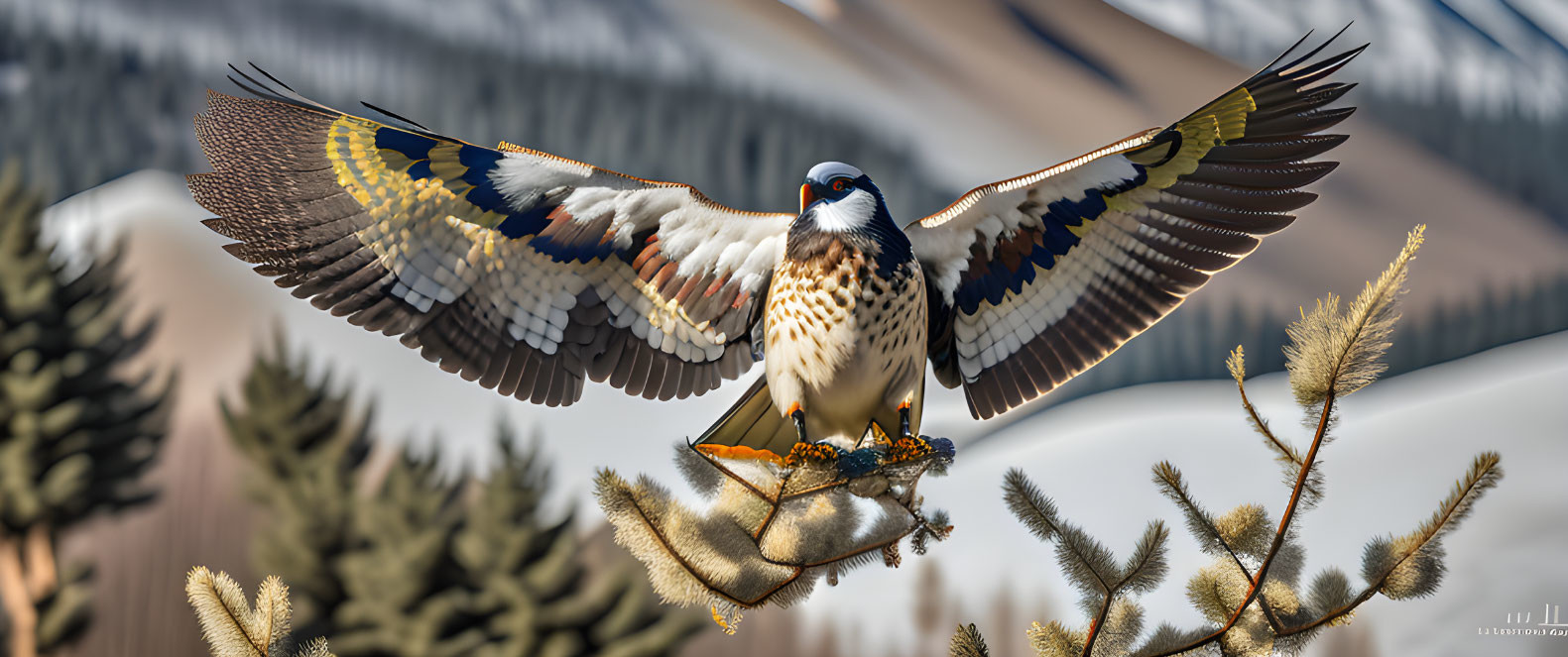 Majestic bird of prey landing on tree branch with spread wings against snowy mountain.