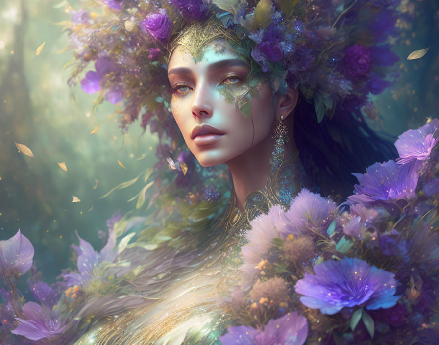 Ethereal female figure with purple flowers in magical setting