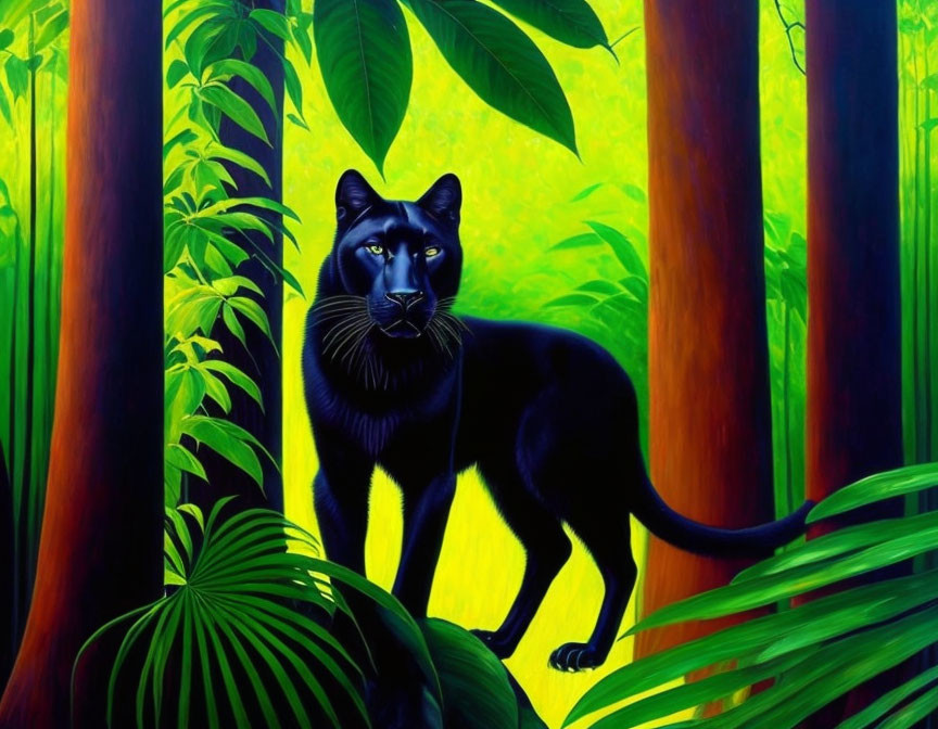 Black Panther in Vibrant Green Jungle with Intense Eyes