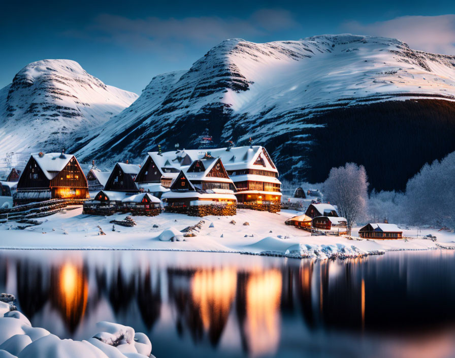 Snow-covered houses by calm lake at dusk with glowing windows