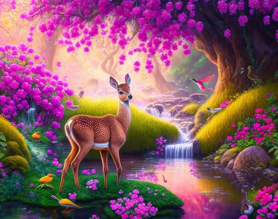 Deer in Vibrant Fantasy Landscape with Pink Trees and Colorful Birds