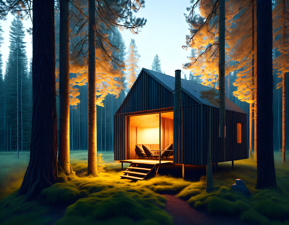 Tranquil forest cabin with glowing lights and lush greenery