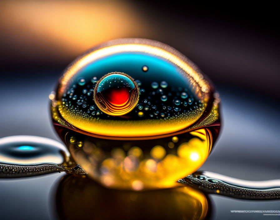 Vibrant water droplet with smaller droplets, creating colorful reflections