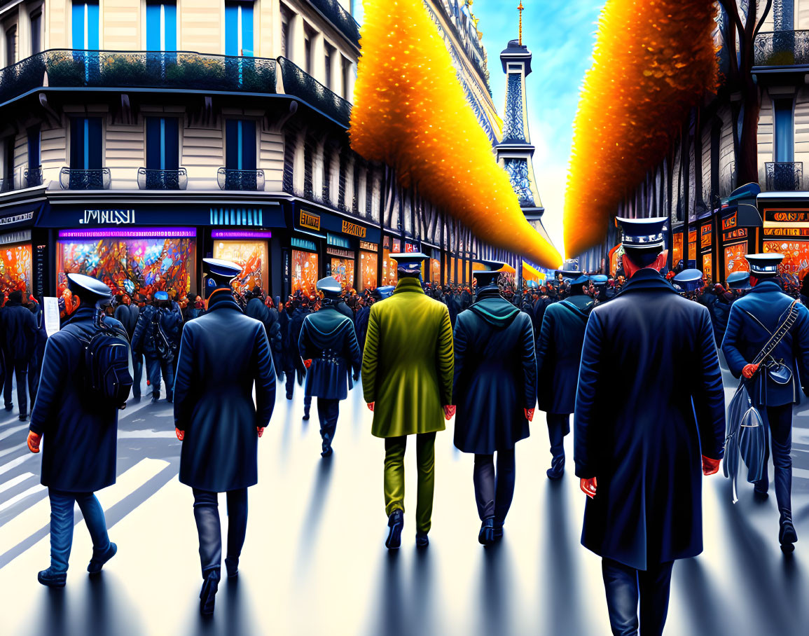 Uniformed Officers Walking on Paris Street with Eiffel Tower in Background