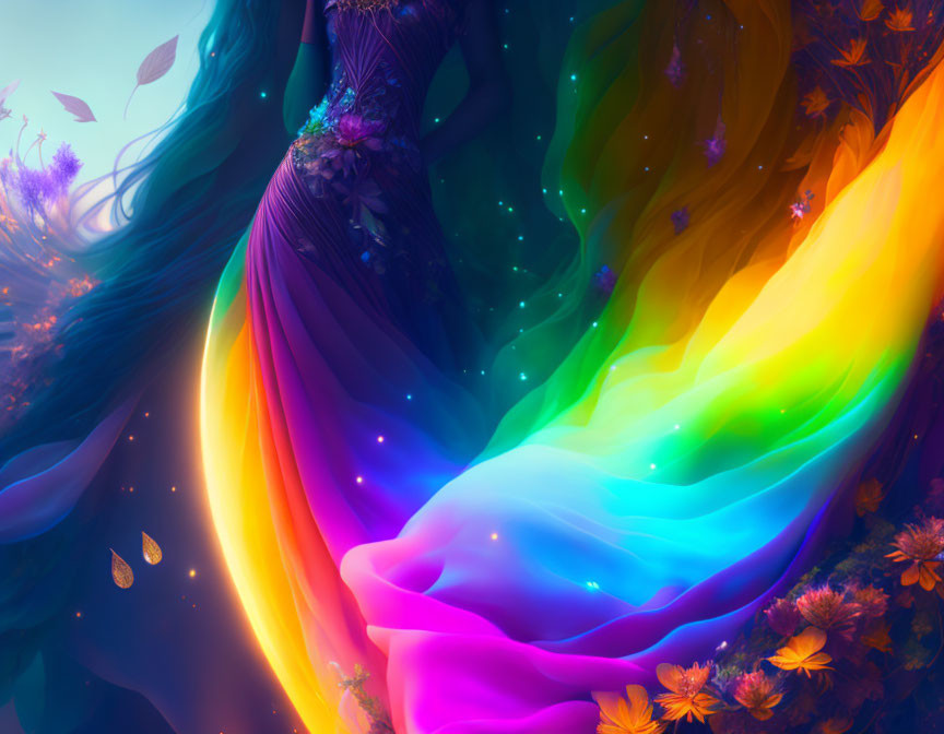 Colorful Woman Illustration in Rainbow Dress with Floral Background