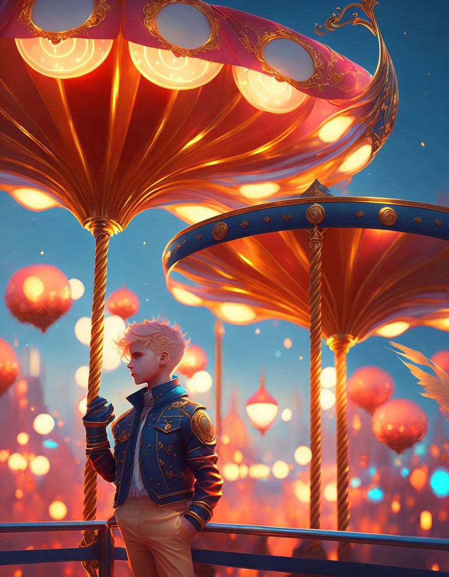 Twilight scene with person by ornate carousel and cityscape.