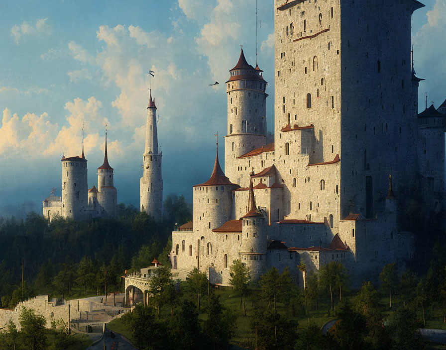 Medieval castle with multiple towers in tranquil landscape