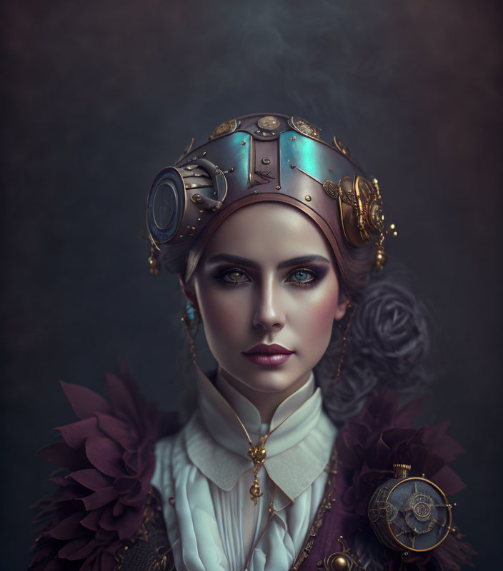 Steampunk-inspired woman portrait with gear headpiece and timepiece.