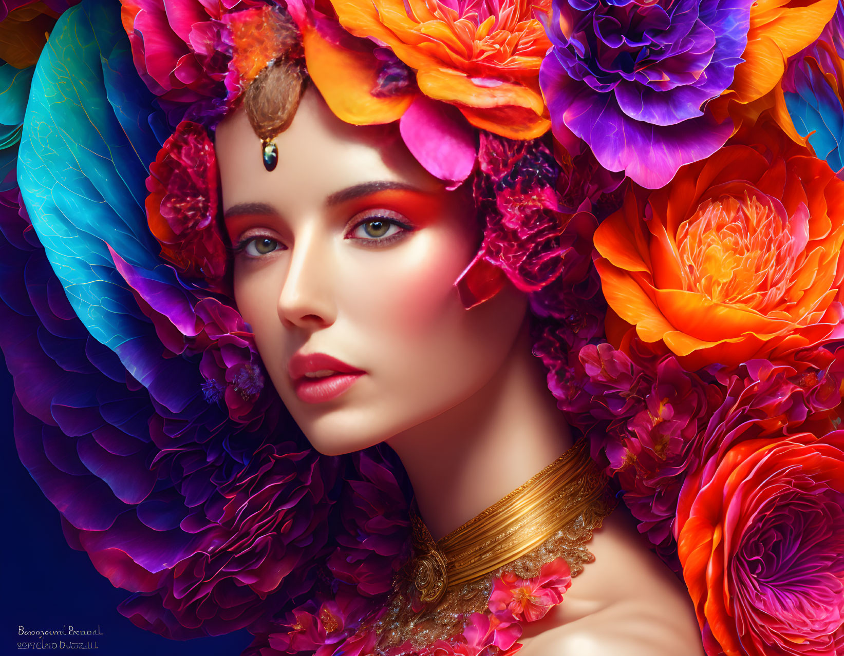 Colorful makeup and floral headdress portrait on blue background