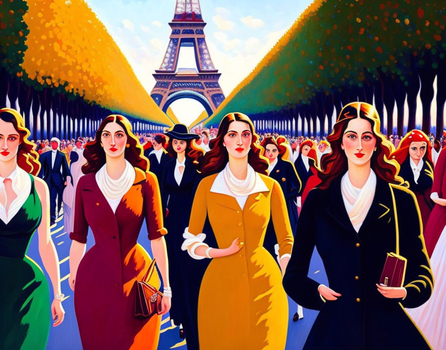 Vibrant illustration: Stylish women in vintage attire walking with Eiffel Tower backdrop