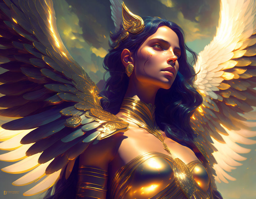 Female Figure in Golden Armor with White Wings Against Glowing Sky