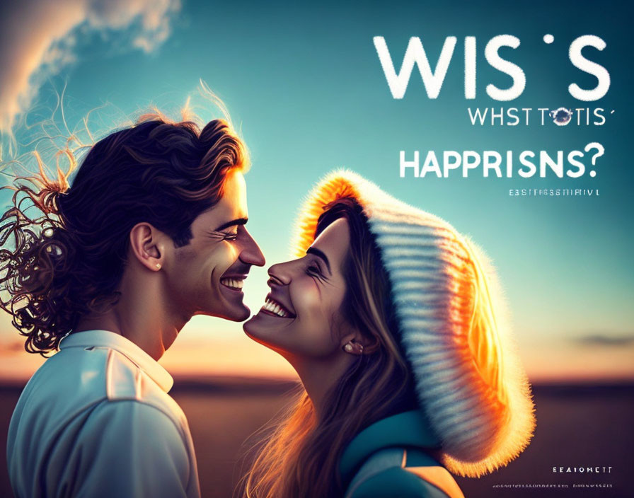 Smiling couple with sunset background and overlaid text