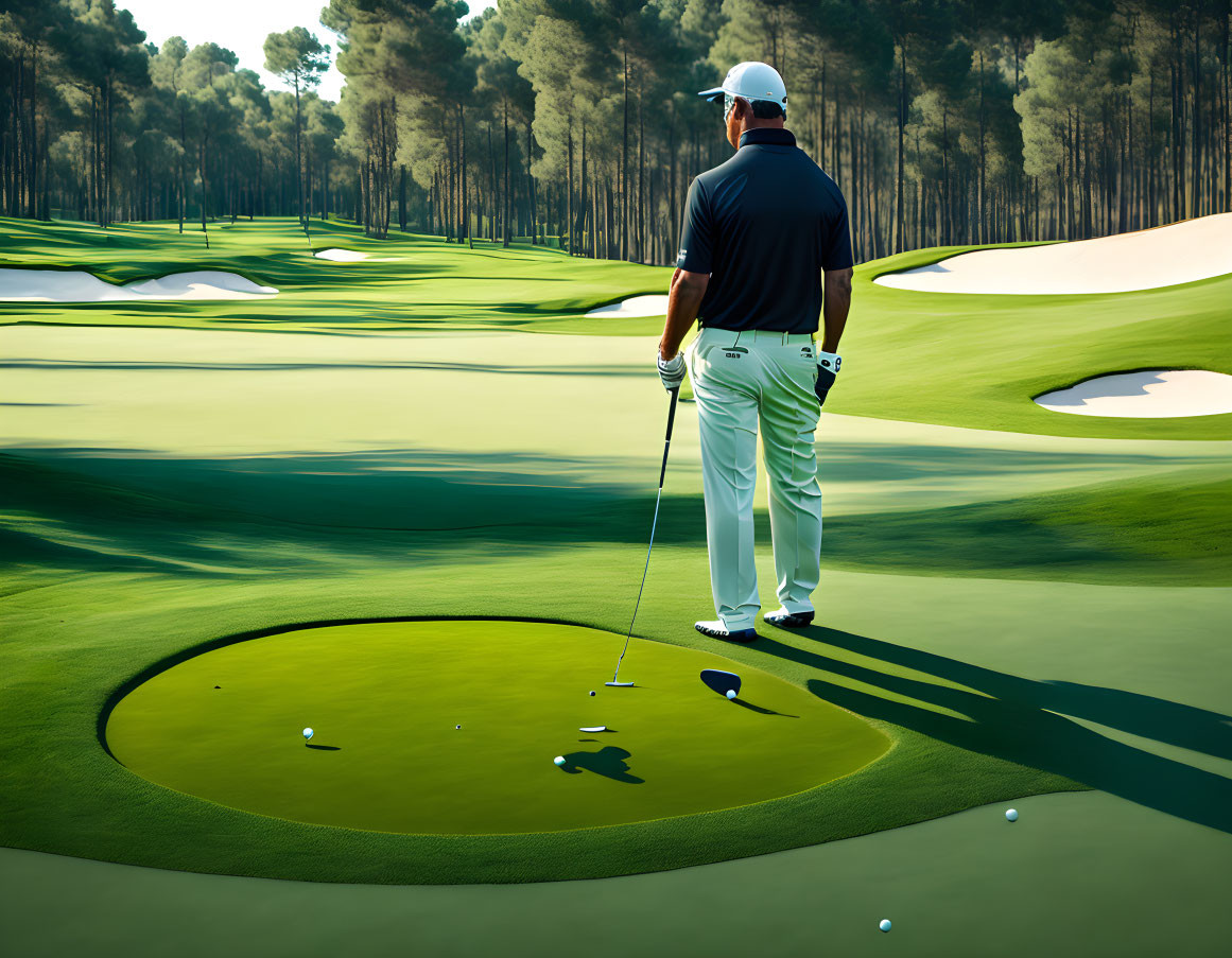 Golfer in white on surreal green course with unique sand traps and liquid-filled hole