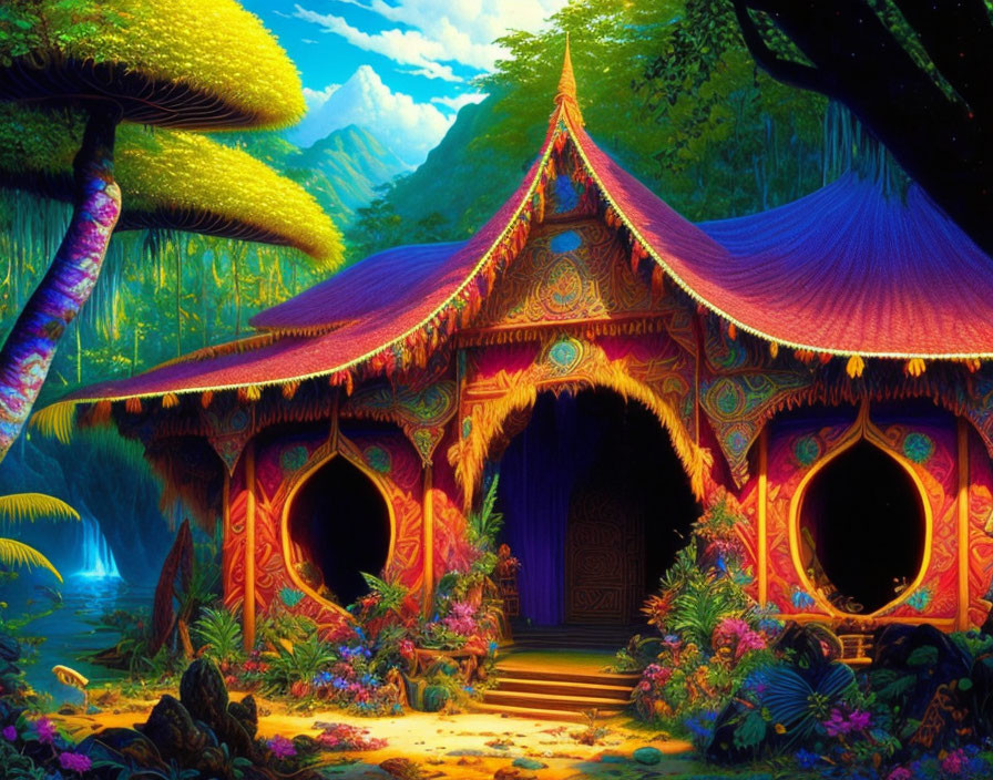 Fantastical cottage with oversized mushrooms in mystical forest