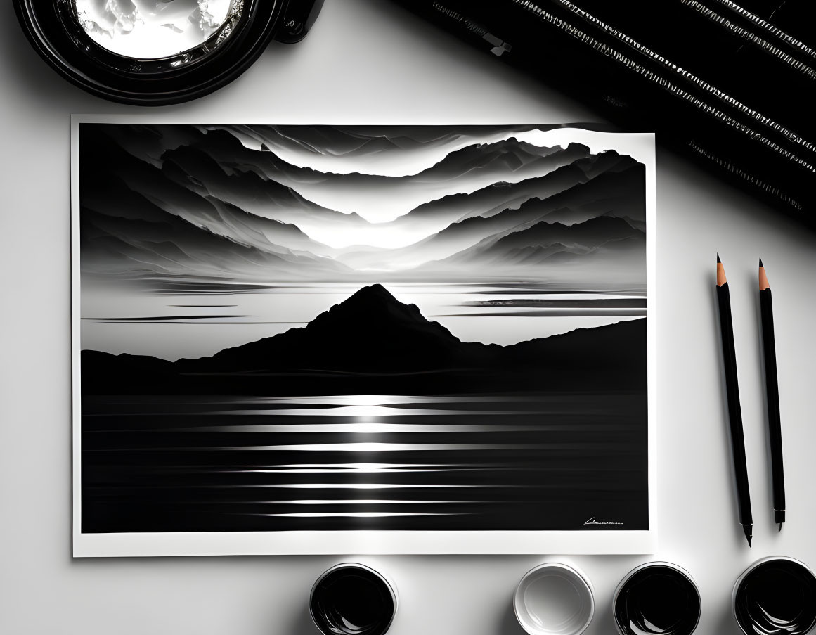 Monochrome mountain landscape with lake and hills on desk.