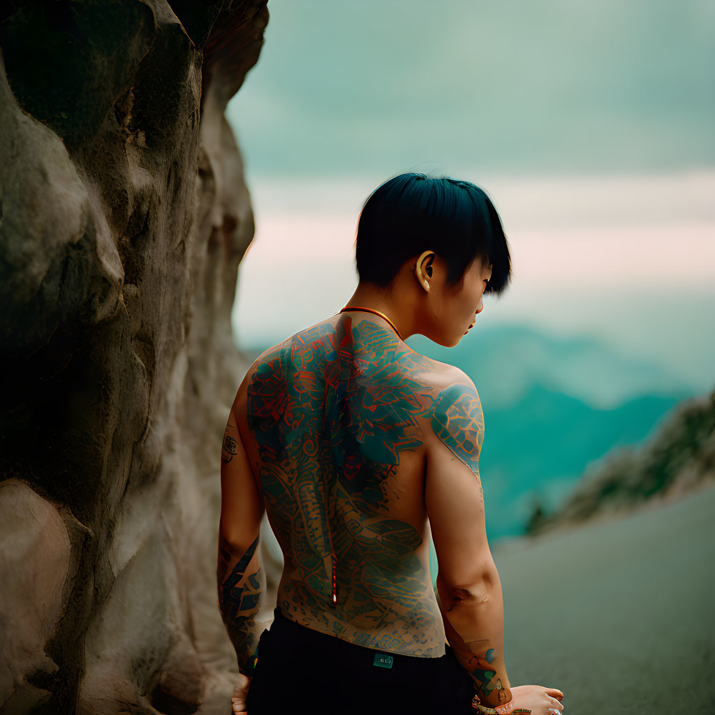 Detailed back tattoo near rock in soft sunset with mountain silhouettes