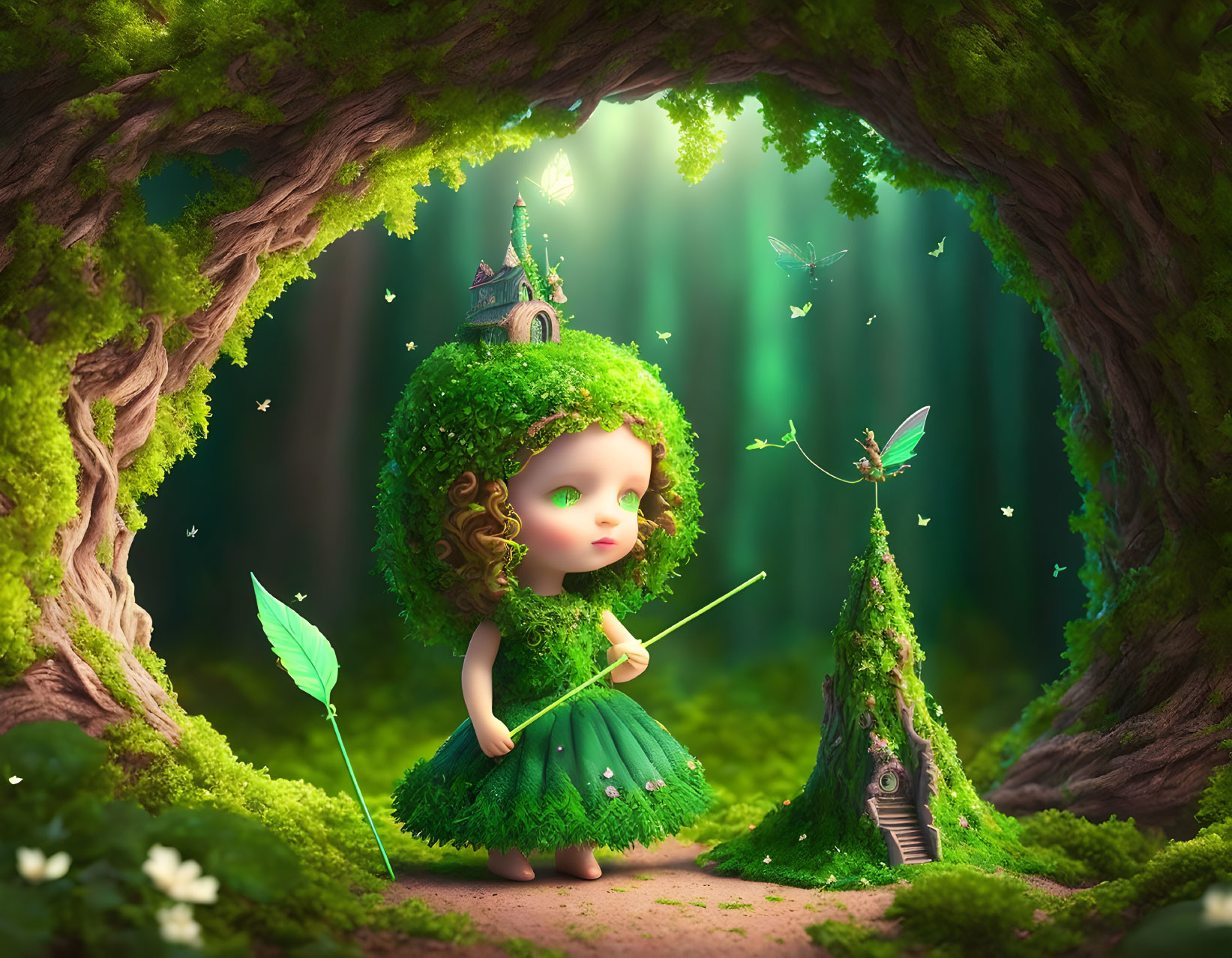 Whimsical doll-like figure with tree hair and leaf wand in forest.