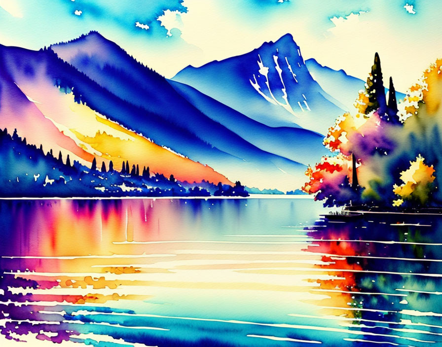 Colorful Watercolor Landscape: Serene Lake, Autumn Trees, Mountains